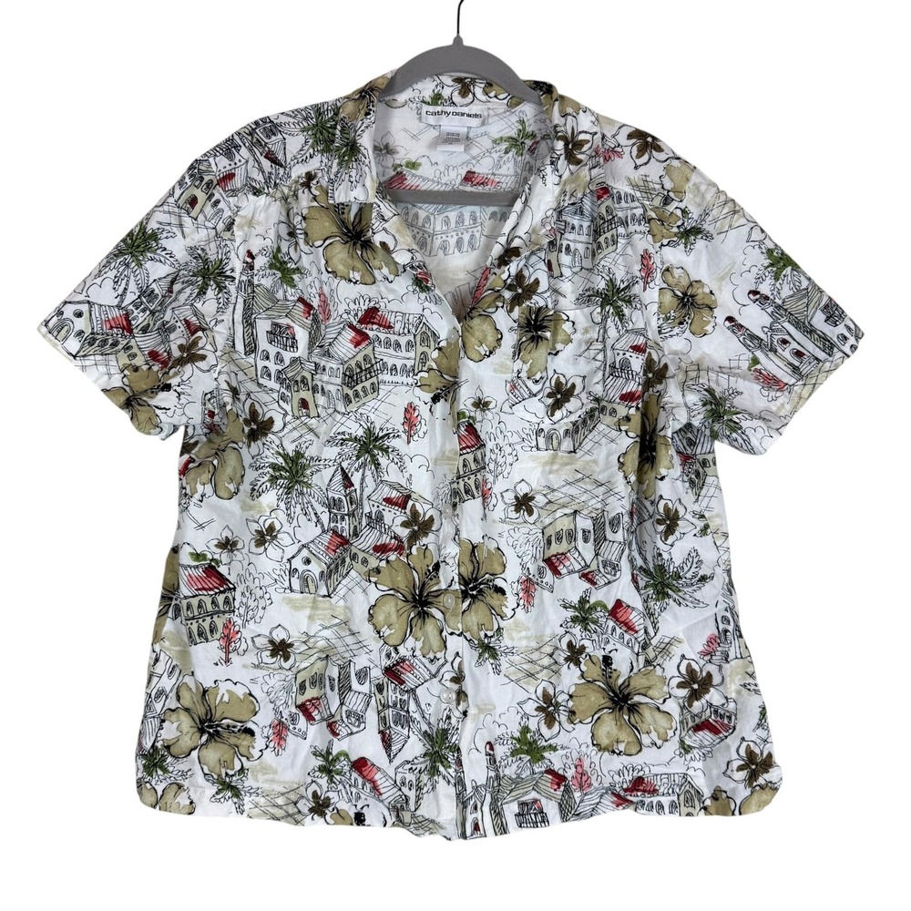 Cathy Daniels Shirt Womens XL White Tropical Floral Short Sleeve Button Front